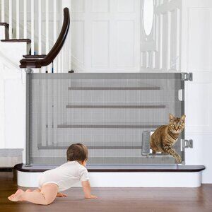 Retractable Baby Gate with Cat Door - 33", Extends to 55" Wide Mesh Dog Gate